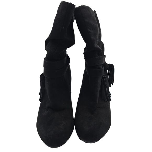 Express Womans size 6 Slouch Tassel Faux Suede Calf Boots Black Fabric 4" Heels - Picture 3 of 8